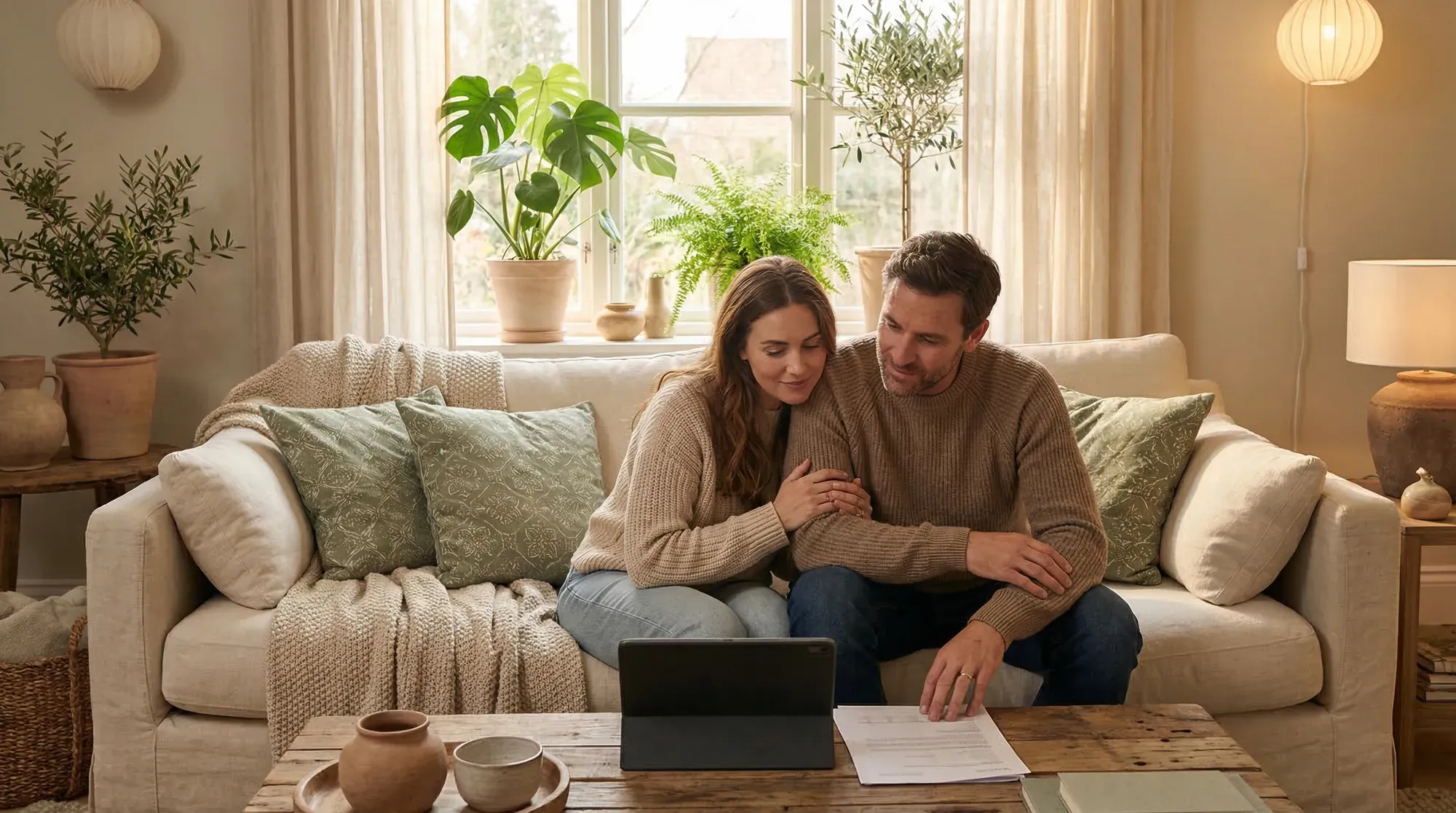 Couple reviewing fertility test results together at home in a warm, supportive setting