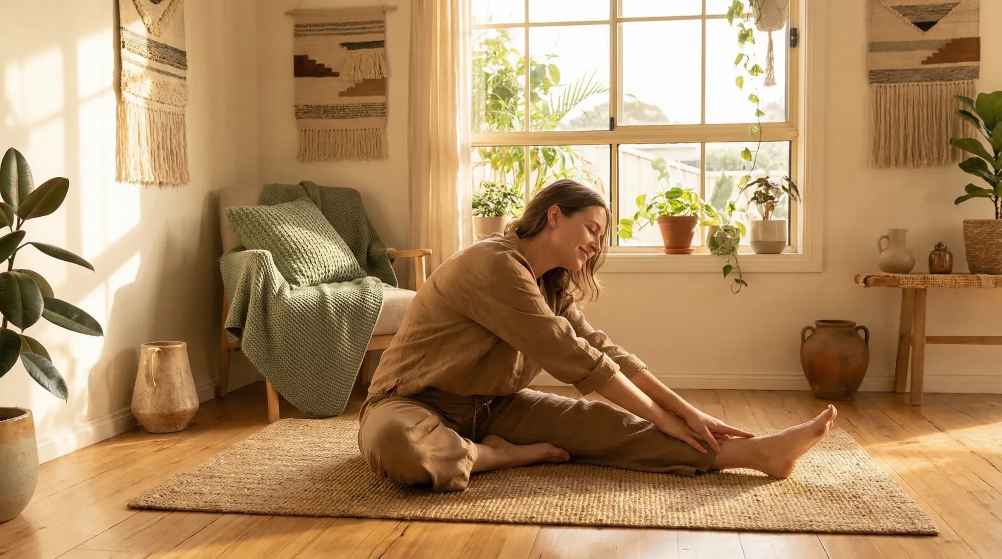 Woman practising gentle yoga in a sunlit room β moderate exercise supports egg quality better than high-intensity training