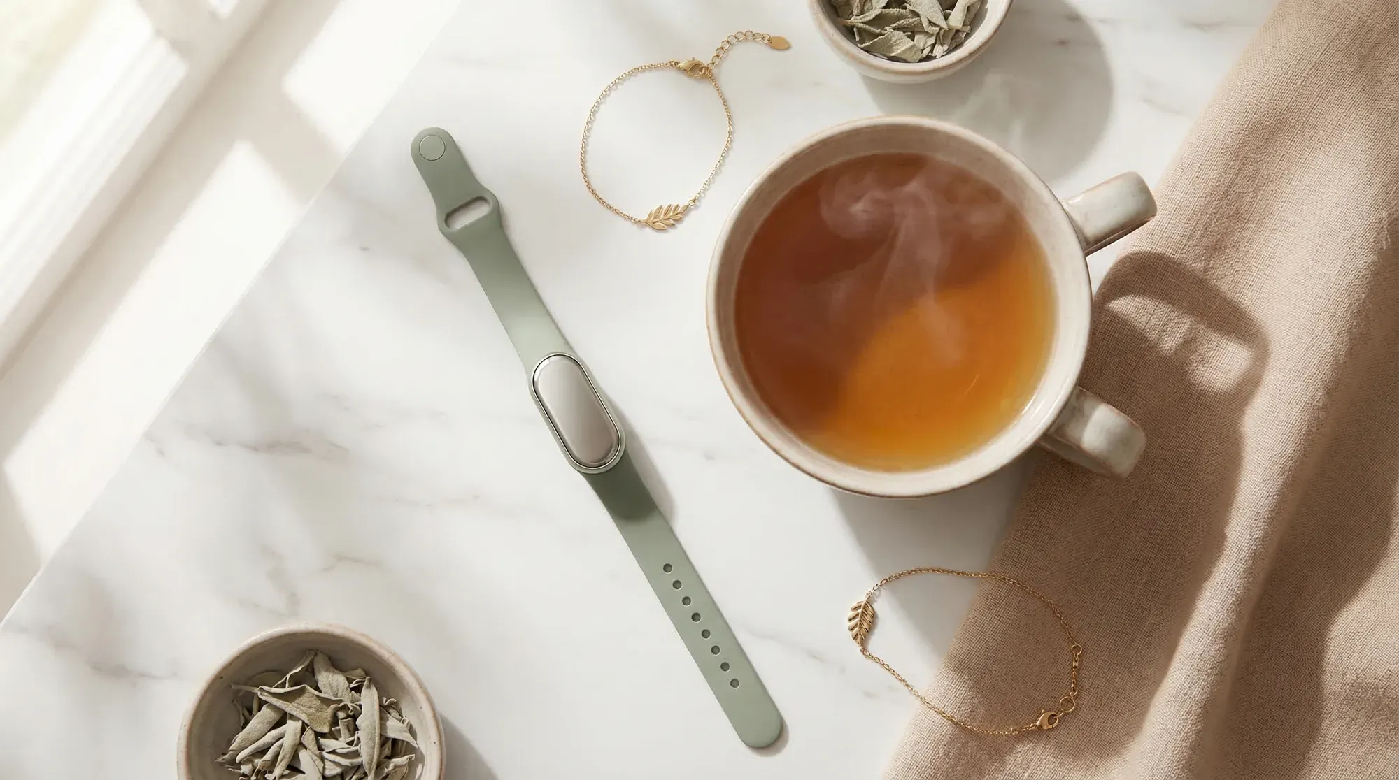 Fertility tracking device on a clean marble surface in morning light