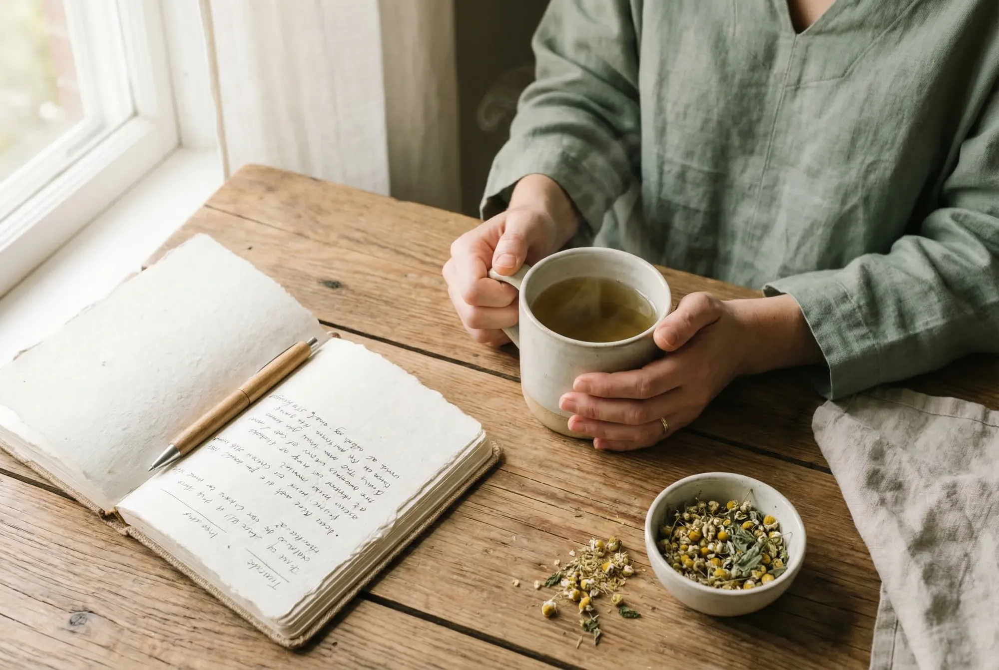 Morning routine with herbal tea and journal on a wooden table in natural light
