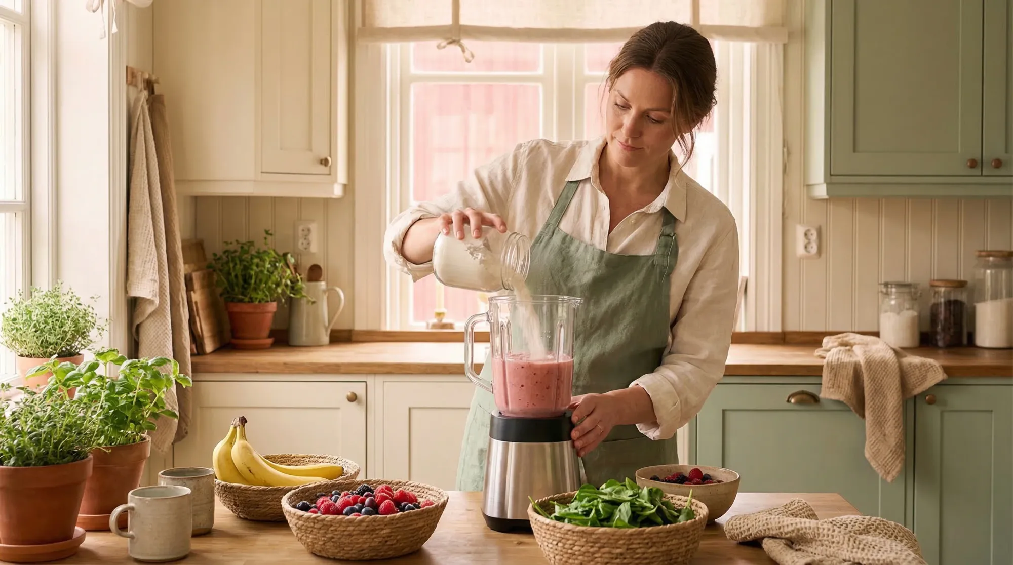 Woman adding supplement powder to a morning smoothie in a bright kitchen