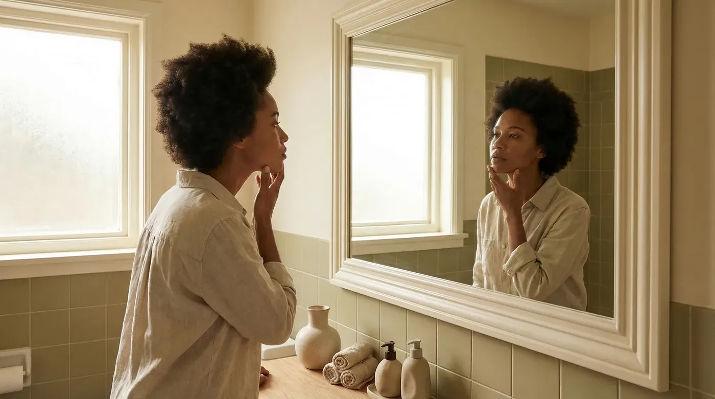 Woman examining her skin in bathroom mirror, natural morning light