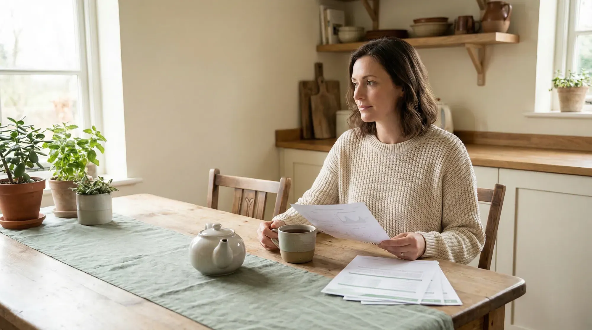 Woman reviewing fertility test results with a warm cup of herbal tea