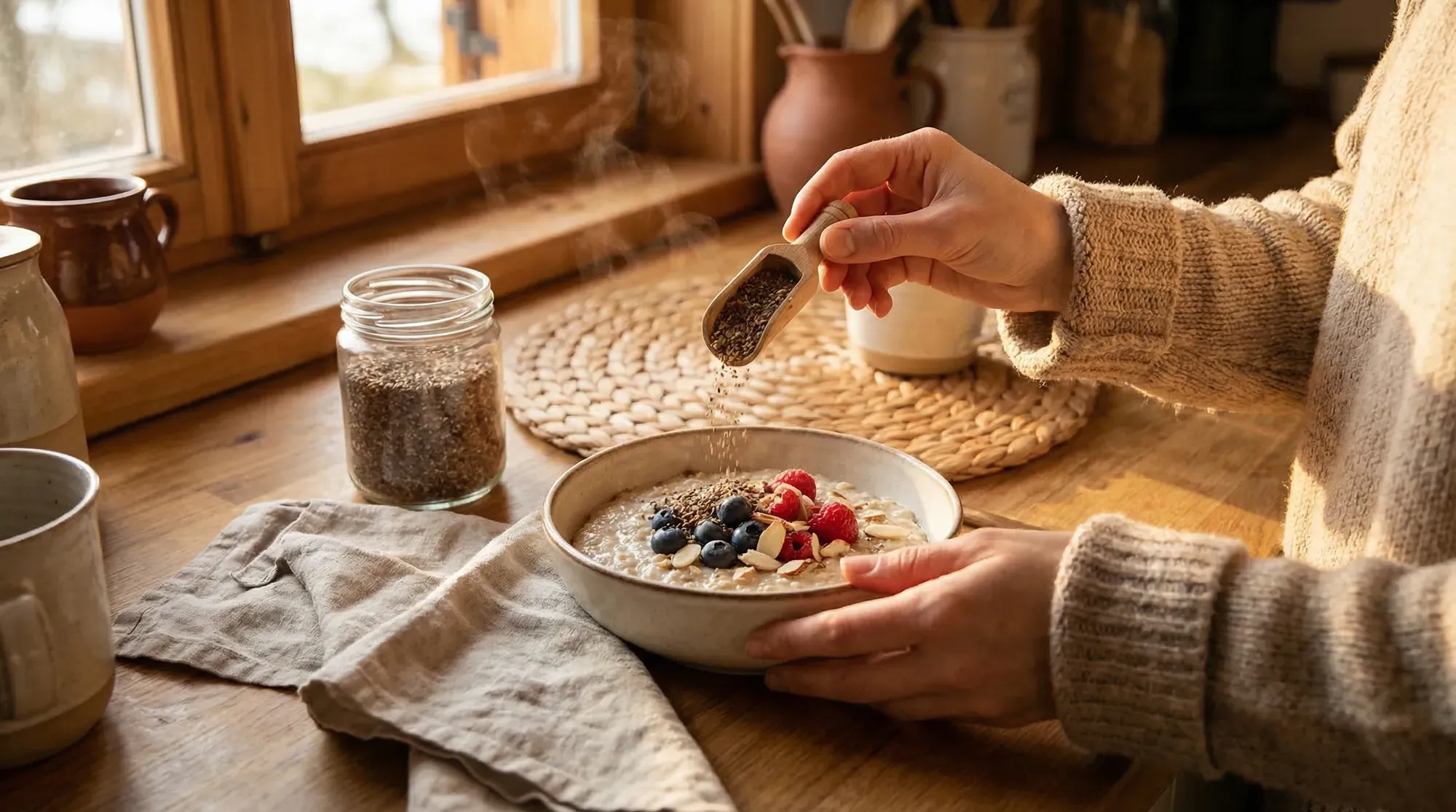 Seed cycling breakfast bowl with flaxseeds and pumpkin seeds