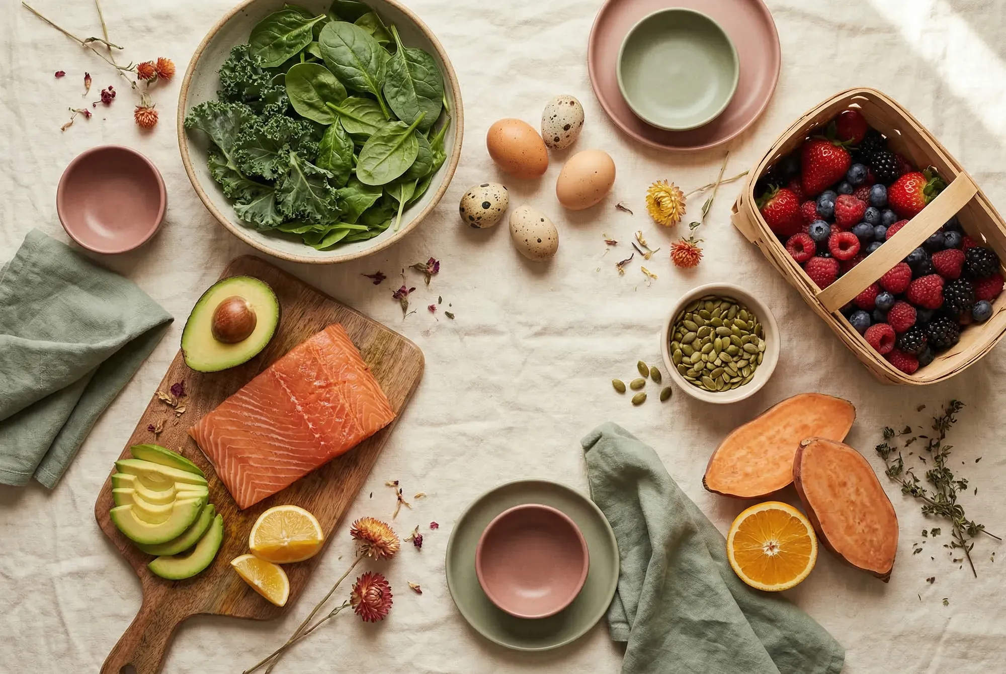 Flat-lay of follicular phase foods including salmon, leafy greens, berries, and eggs