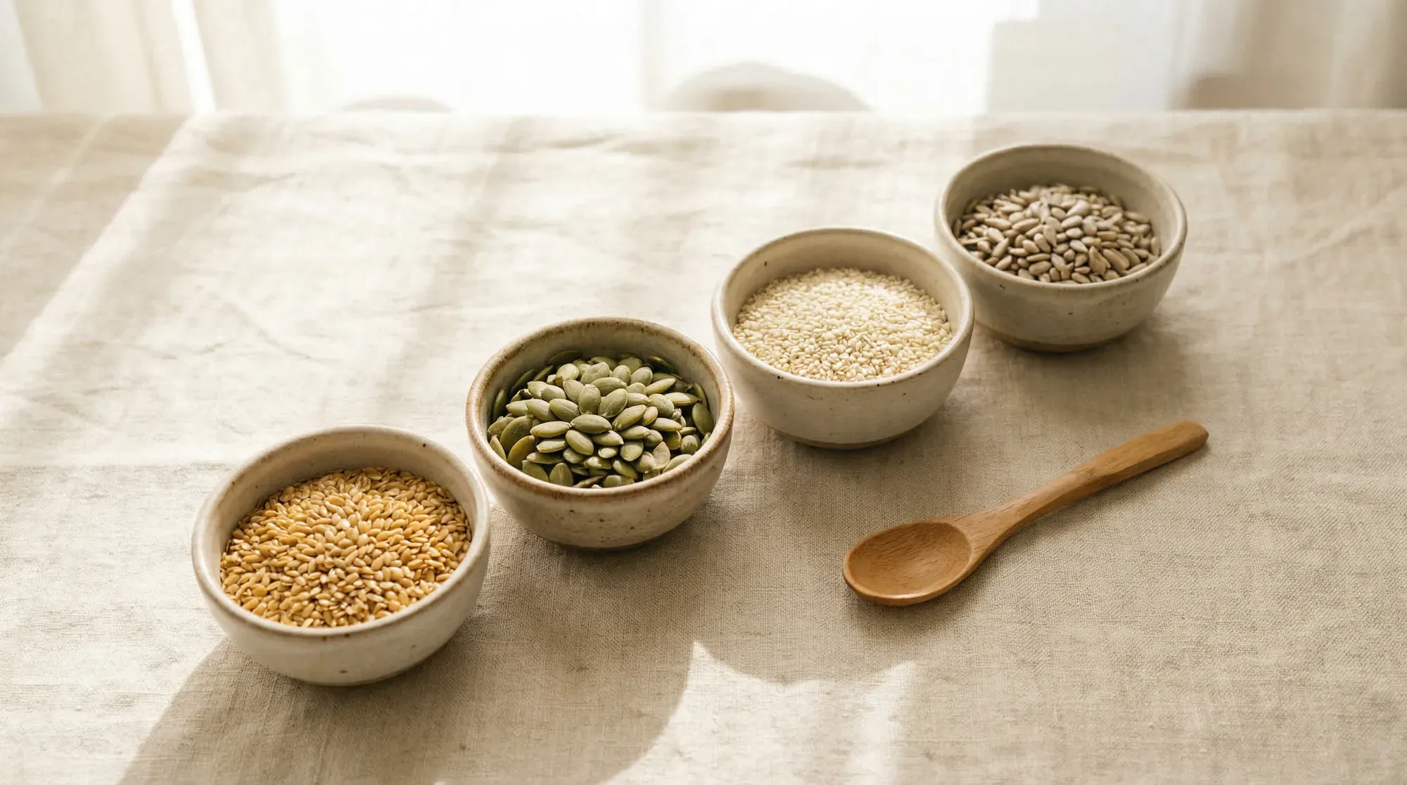 Four bowls of seeds used in seed cycling — flaxseeds, pumpkin seeds, sesame seeds, and sunflower seeds