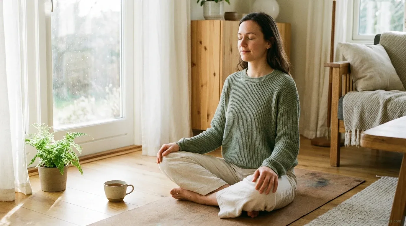 Woman practising calm breathing exercise in a peaceful setting