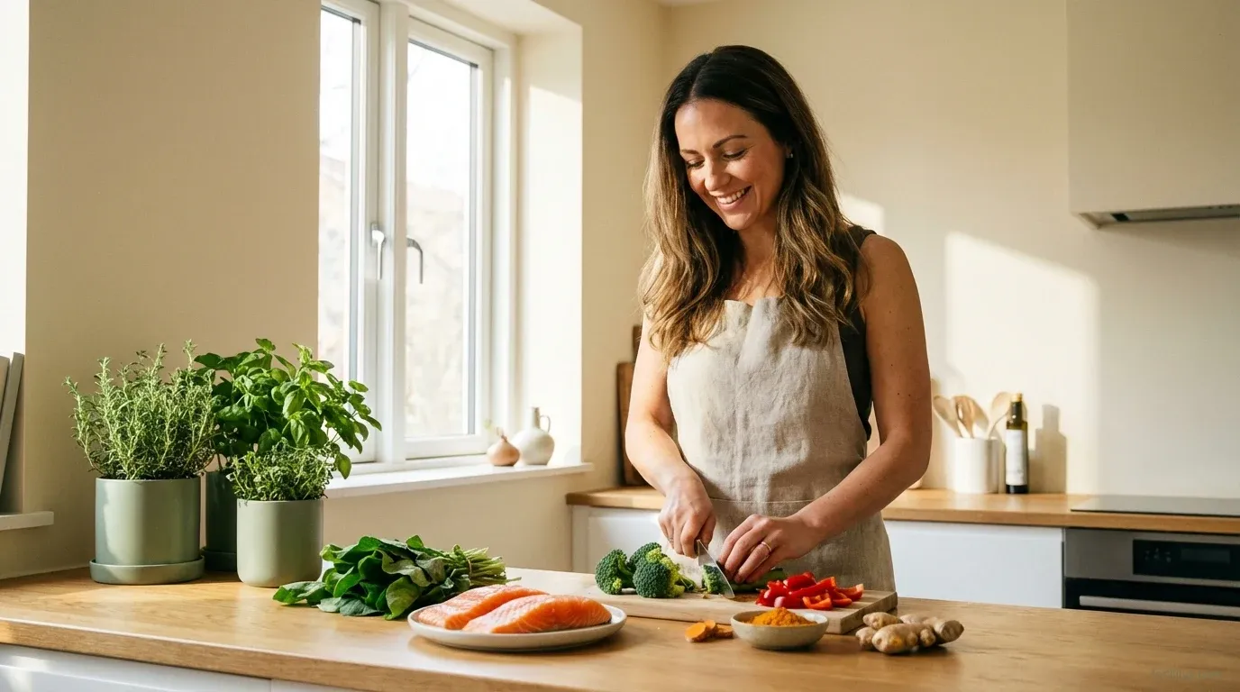 Woman preparing an anti-inflammatory meal with colourful vegetables and salmon in a bright kitchen