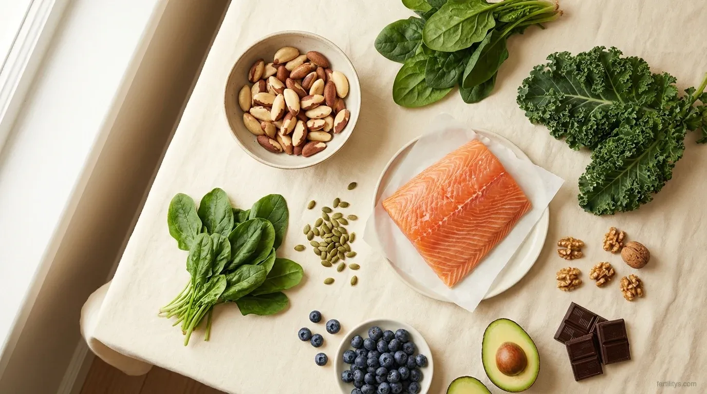 Overhead flat lay of fertility-boosting foods for men including brazil nuts, wild salmon, dark leafy greens, pumpkin seeds, walnuts, blueberries, avocado, and dark chocolate on a warm cream linen surface