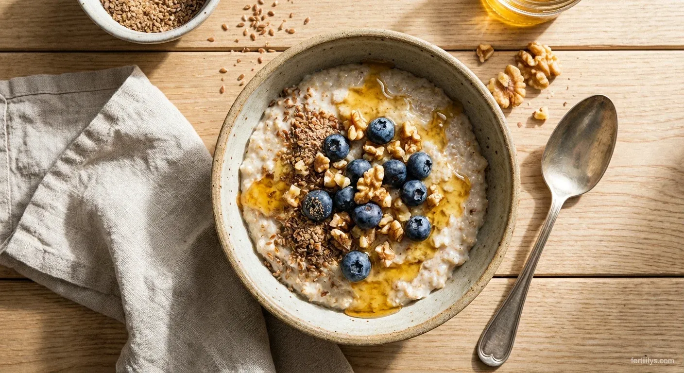A warm bowl of anti-inflammatory porridge with berries, seeds, and honey on a wooden table