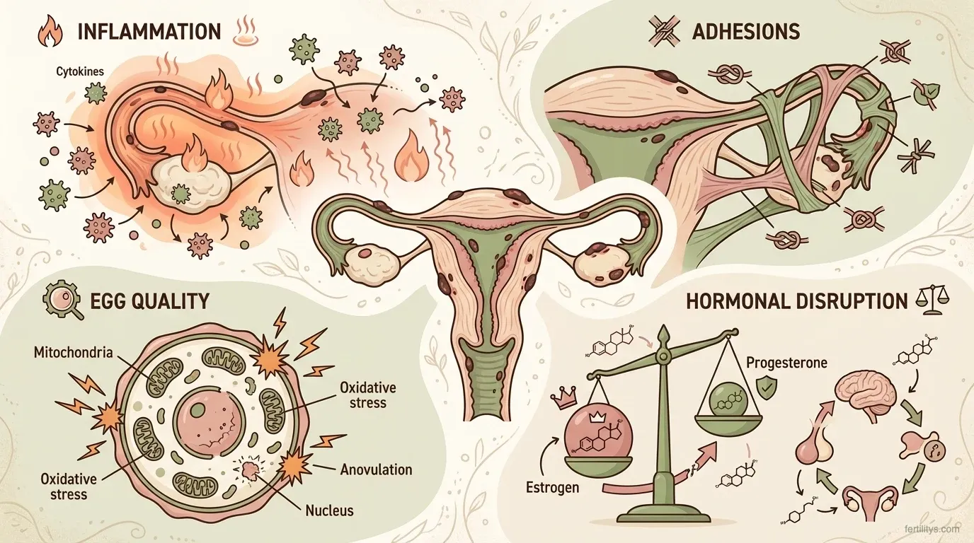 Illustration showing four pathways of how endometriosis affects fertility: inflammation, adhesions, egg quality, and hormonal disruption