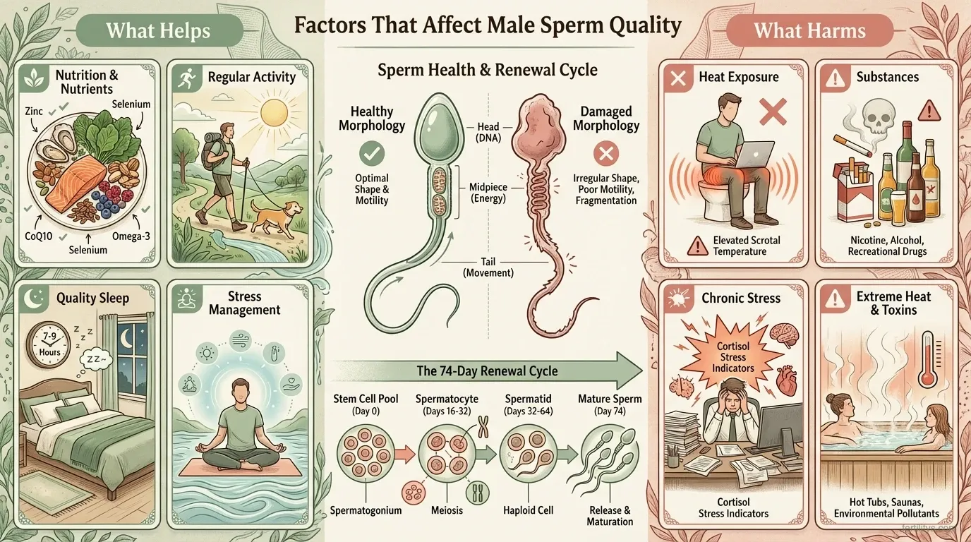 Detailed editorial infographic showing factors that affect male sperm quality — nutrition, exercise, sleep, and stress on the left as positive factors, with heat exposure, toxins, alcohol, and cortisol on the right as harmful factors, with sperm morphology comparison and the 74-day renewal cycle timeline in the centre
