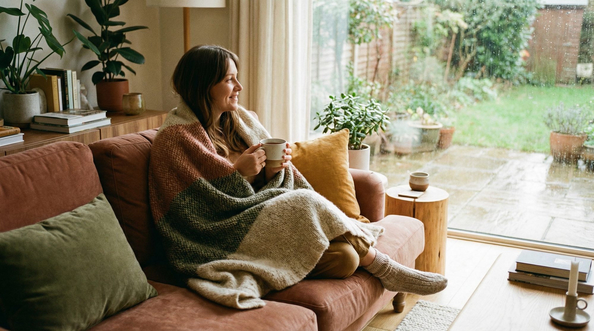 Woman wrapped in a blanket on a sofa holding tea, representing recovery after ectopic pregnancy