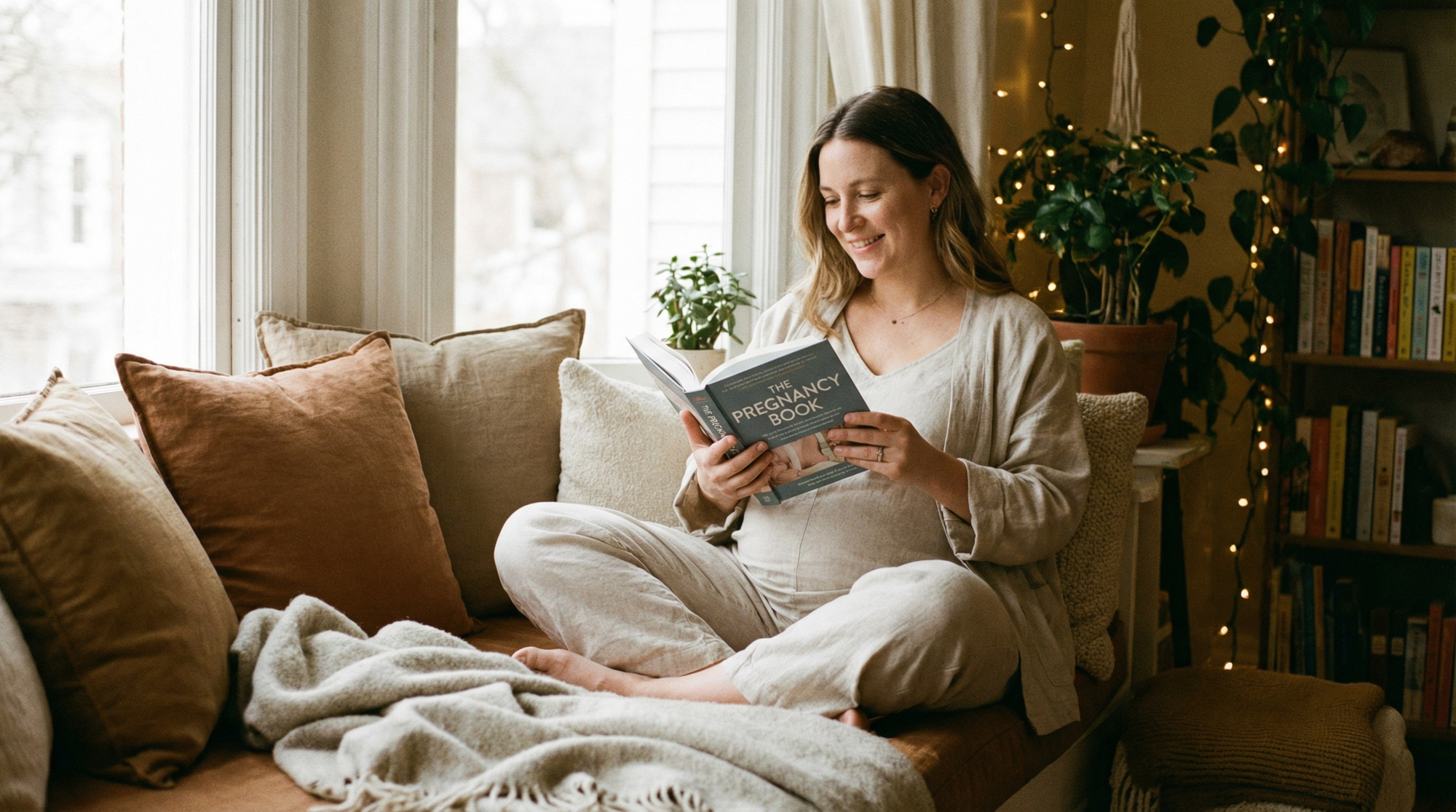Woman reading a pregnancy book in a peaceful reading nook
