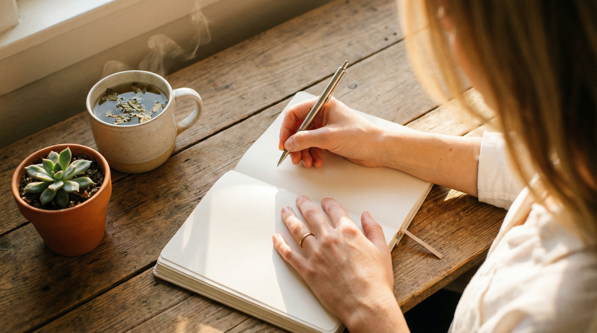 Woman writing in a health journal to track ovulation pain patterns