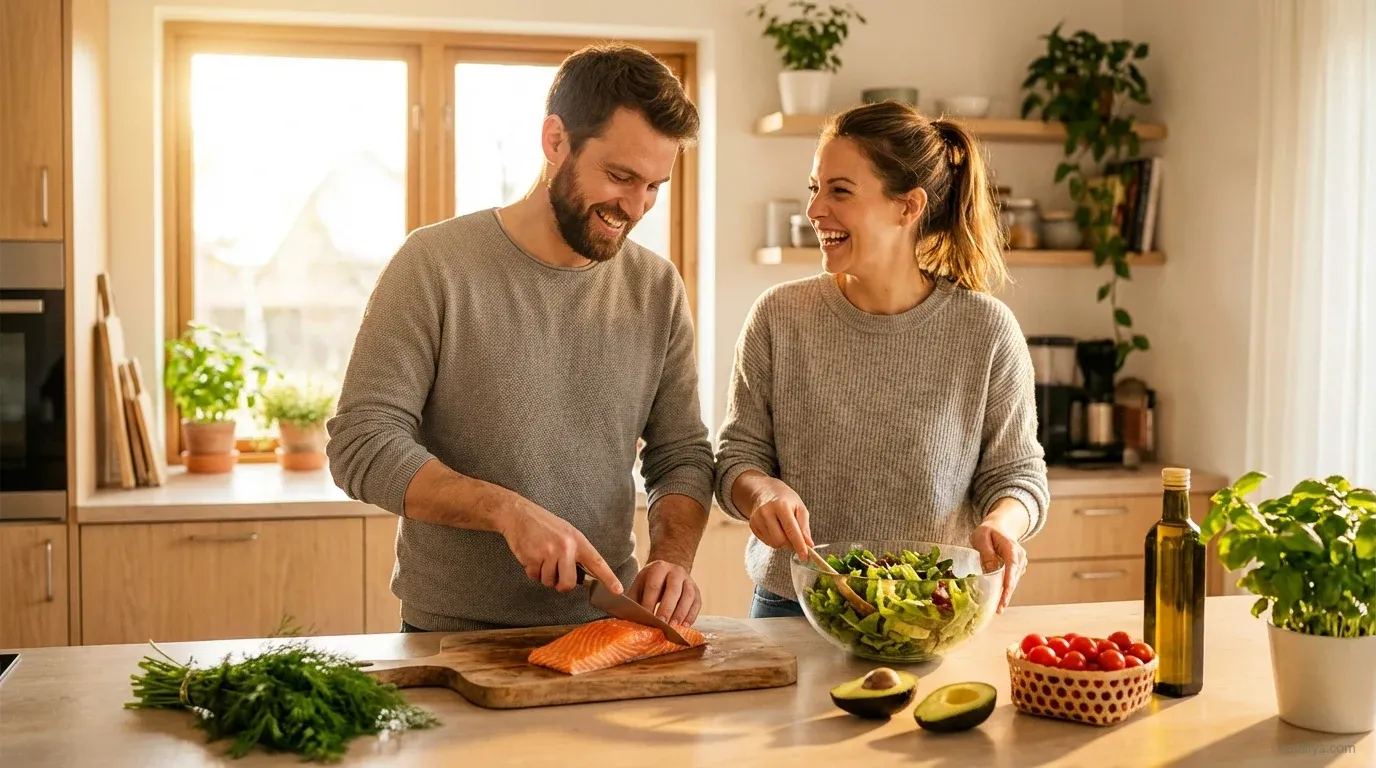 A couple laughing together while cooking a healthy dinner with fresh salmon, salad, and vegetables in a bright modern kitchen