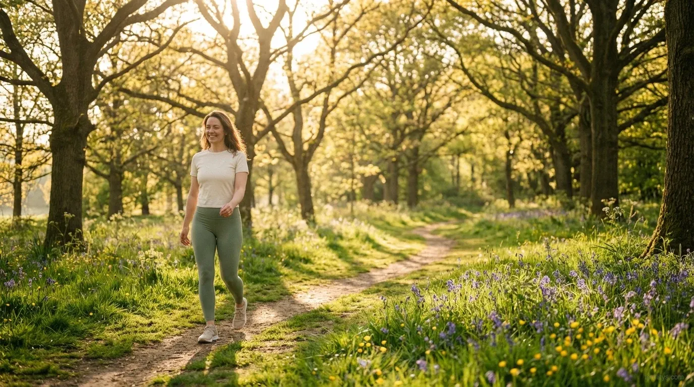 Woman walking through a green park in spring, gentle morning light