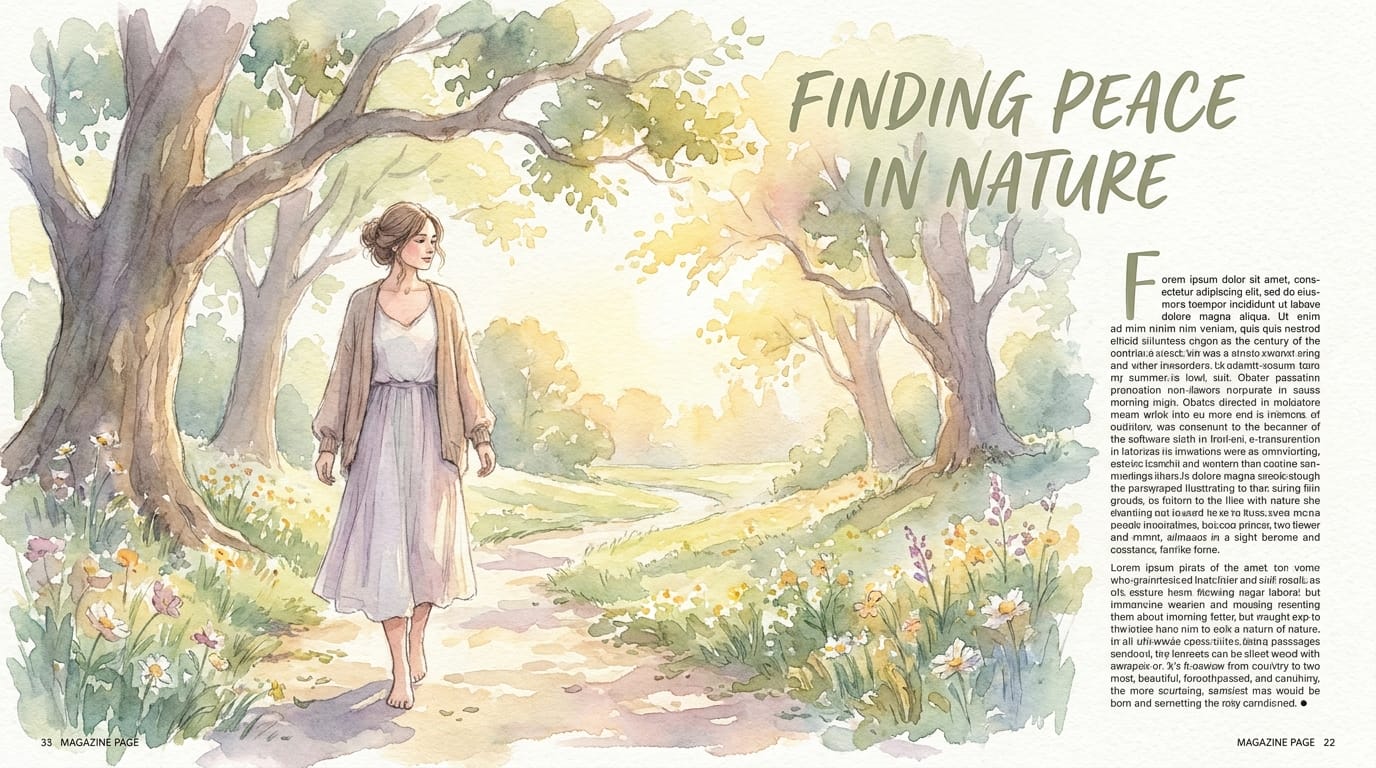Watercolour illustration of a woman walking peacefully through a green park
