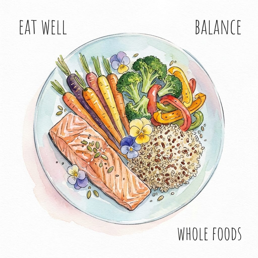 Watercolour illustration of a balanced meal plate with protein, vegetables and whole grains