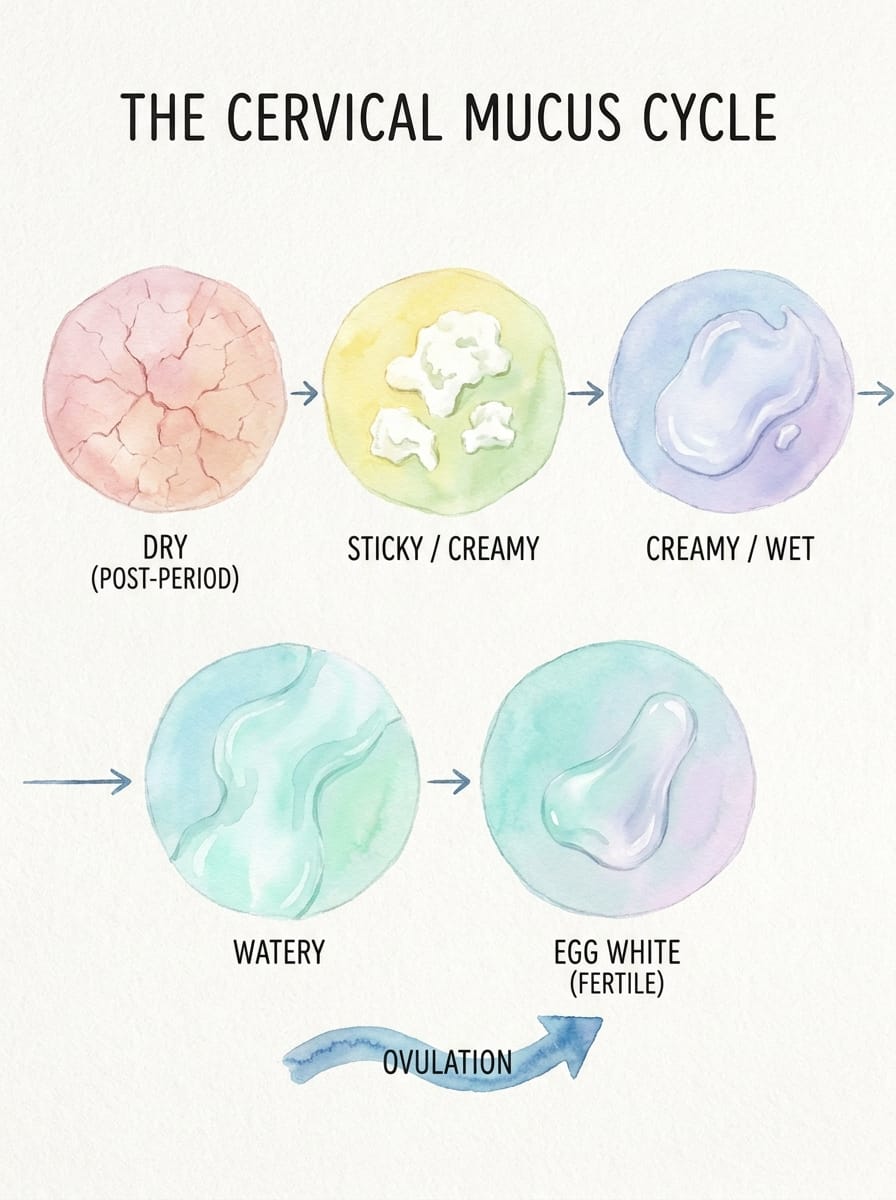 Watercolour infographic of the cervical mucus cycle through 5 stages