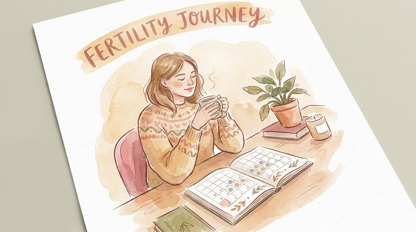 Watercolour illustration of a woman tracking her cycle on a calendar