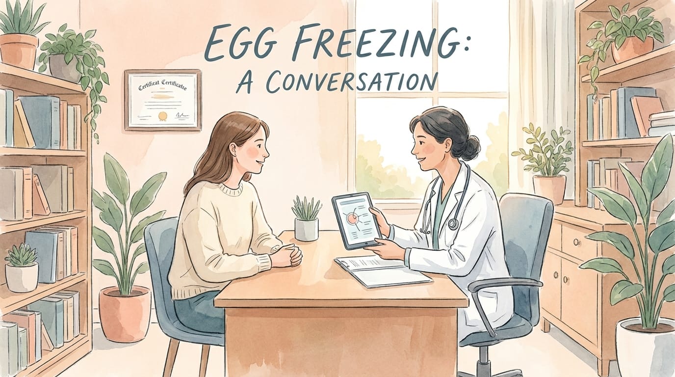 Watercolour illustration of a woman in a fertility consultation