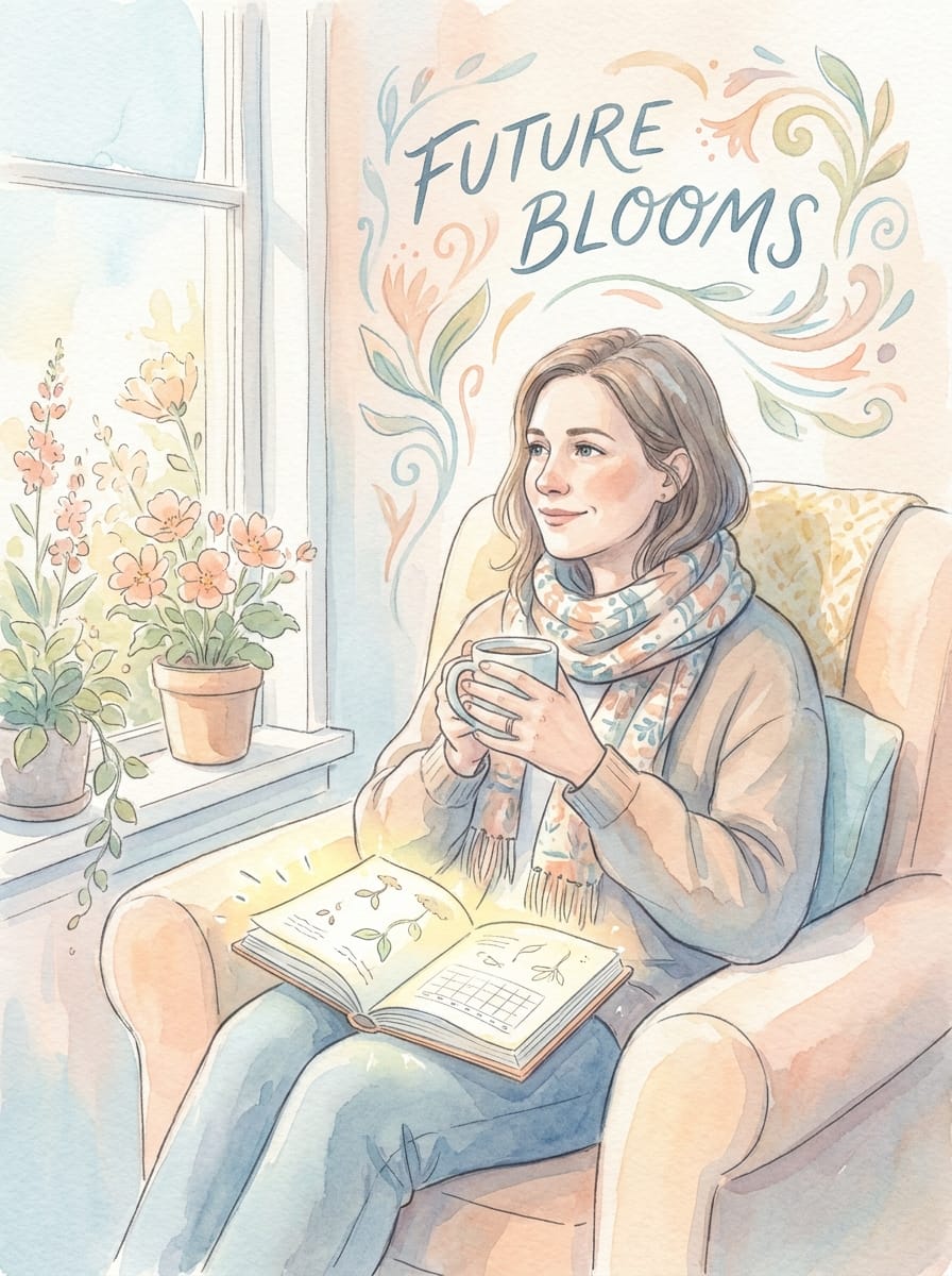 Watercolour illustration of a confident woman contemplating her future