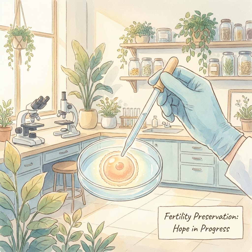 Watercolour illustration of an egg cell in laboratory preservation