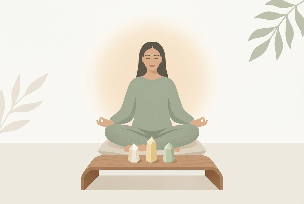 A woman meditating peacefully with crystals nearby