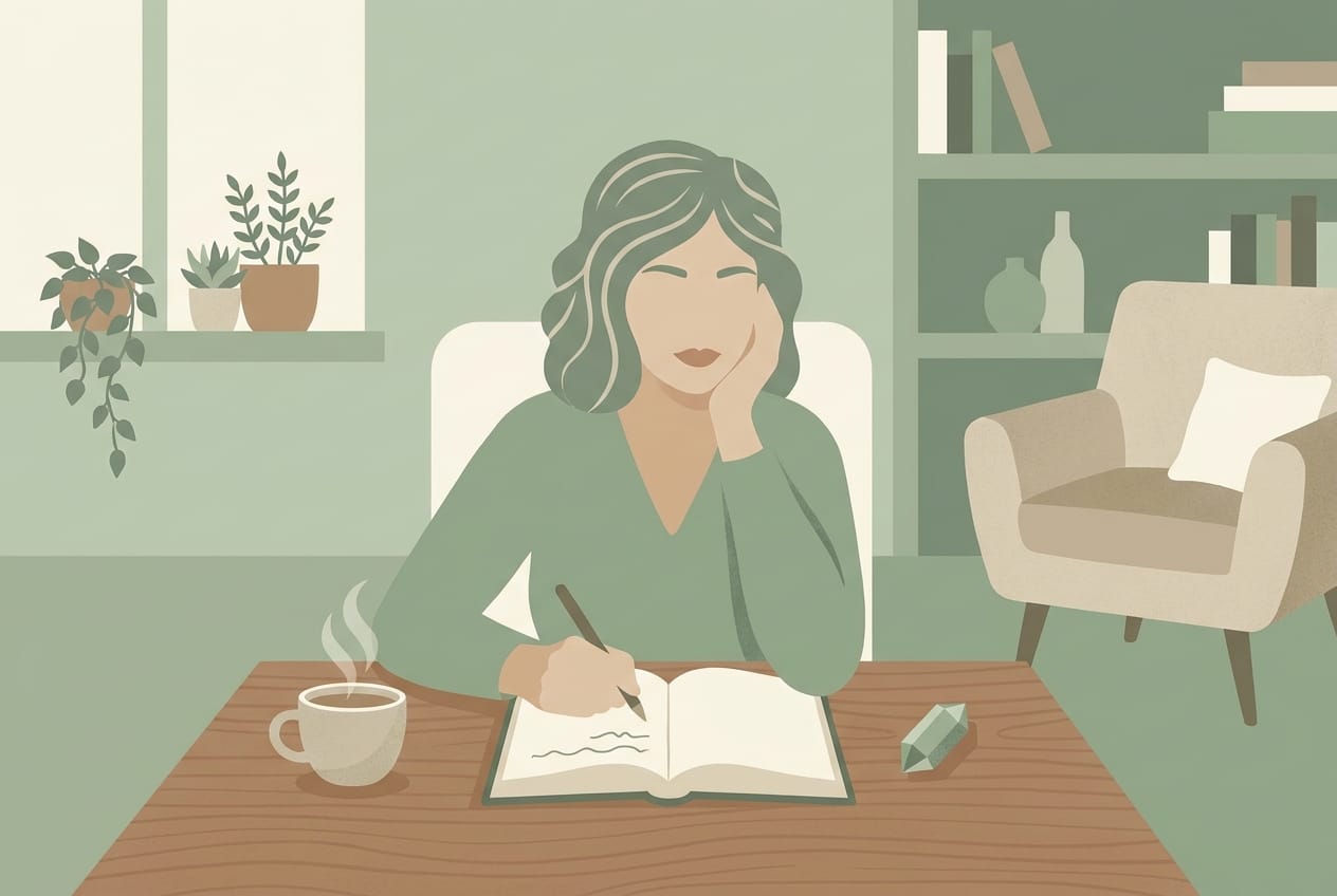 A woman journaling at her desk with a crystal and tea