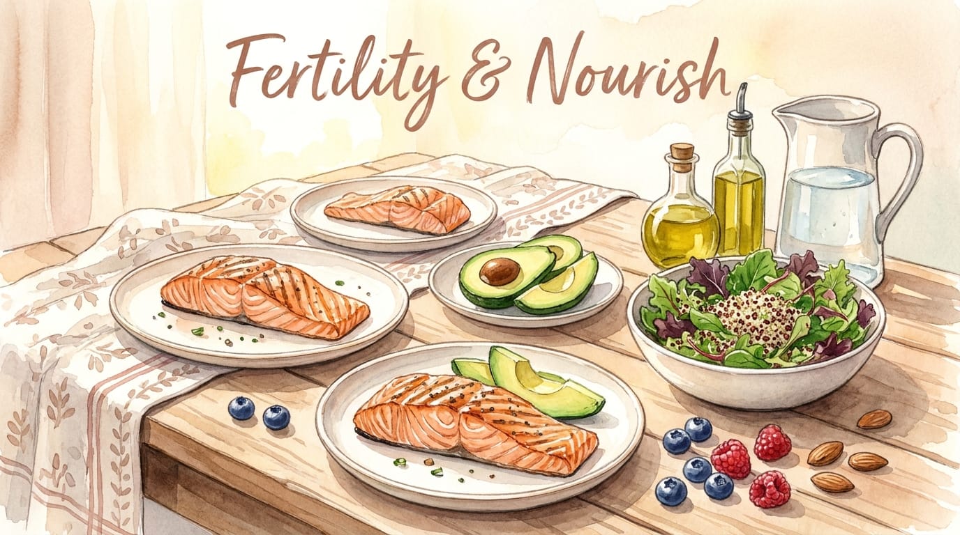 Watercolour illustration of a Mediterranean-style fertility meal with salmon, greens and berries