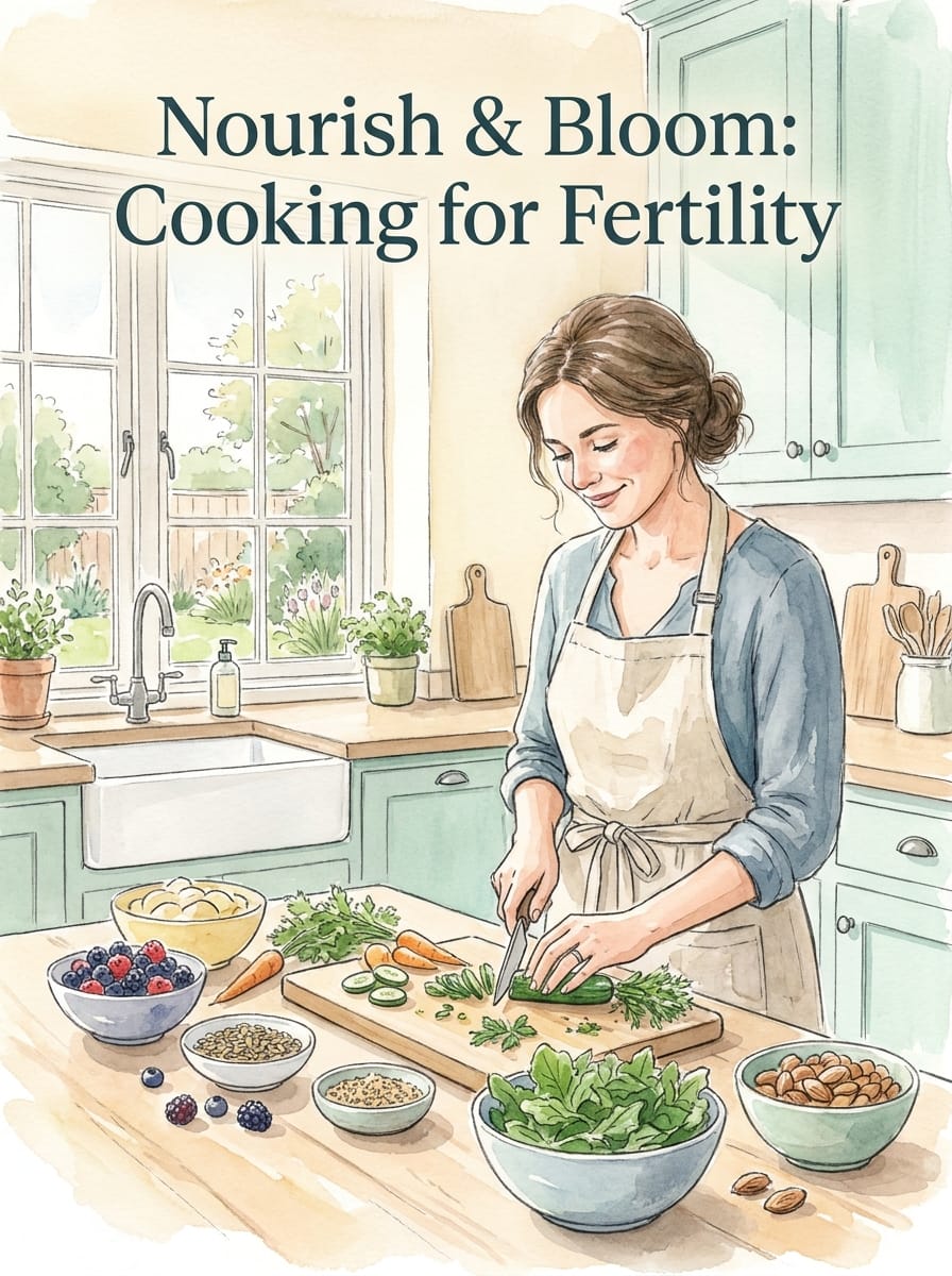 Watercolour illustration of a woman preparing a healthy meal in a bright kitchen