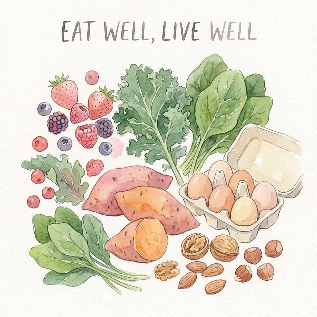 Watercolour illustration of fresh colourful fruits and vegetables for fertility