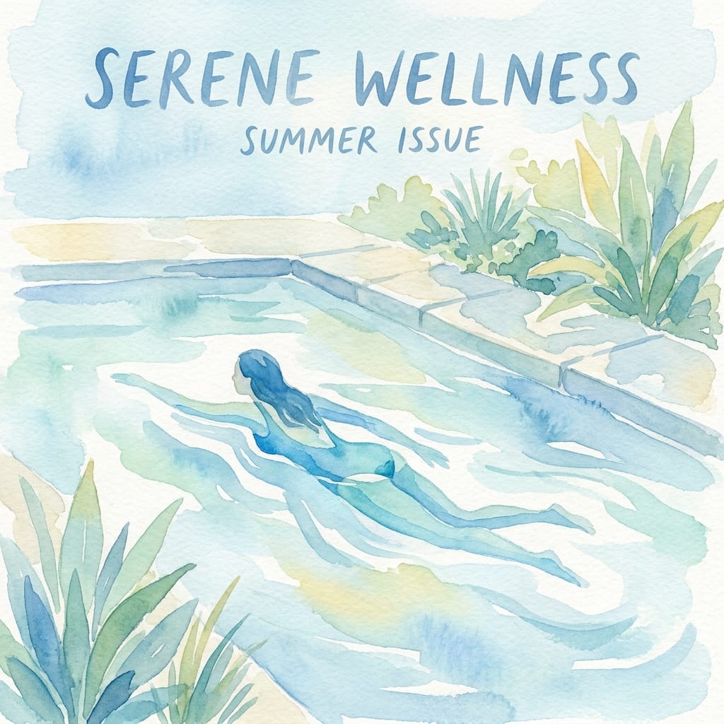 Watercolour illustration of a woman swimming peacefully in a pool