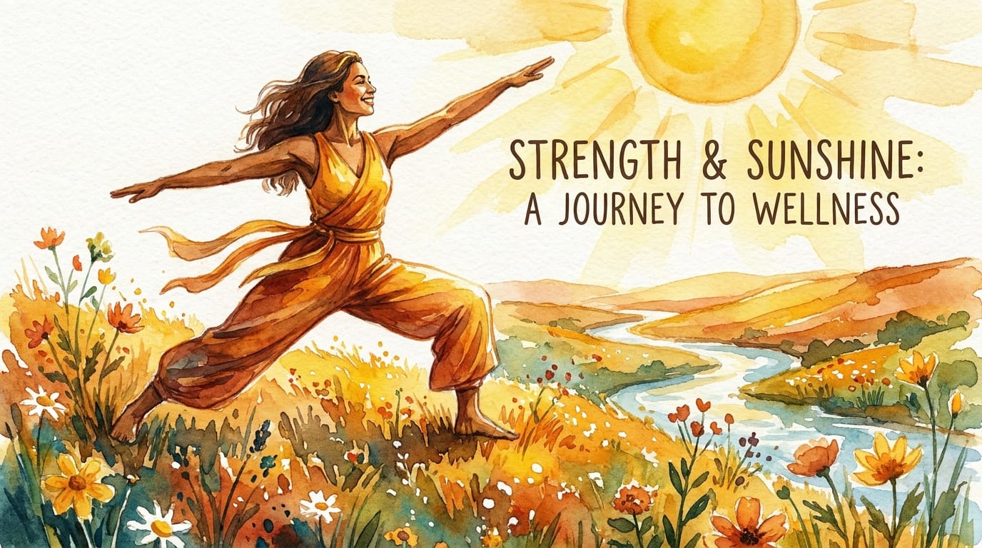 Watercolour illustration of a woman doing yoga outdoors in sunshine