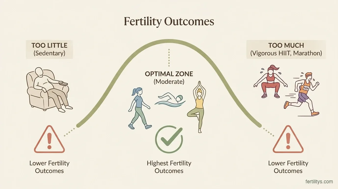 Exercise intensity spectrum for fertility — showing the optimal moderate zone between sedentary and vigorous training