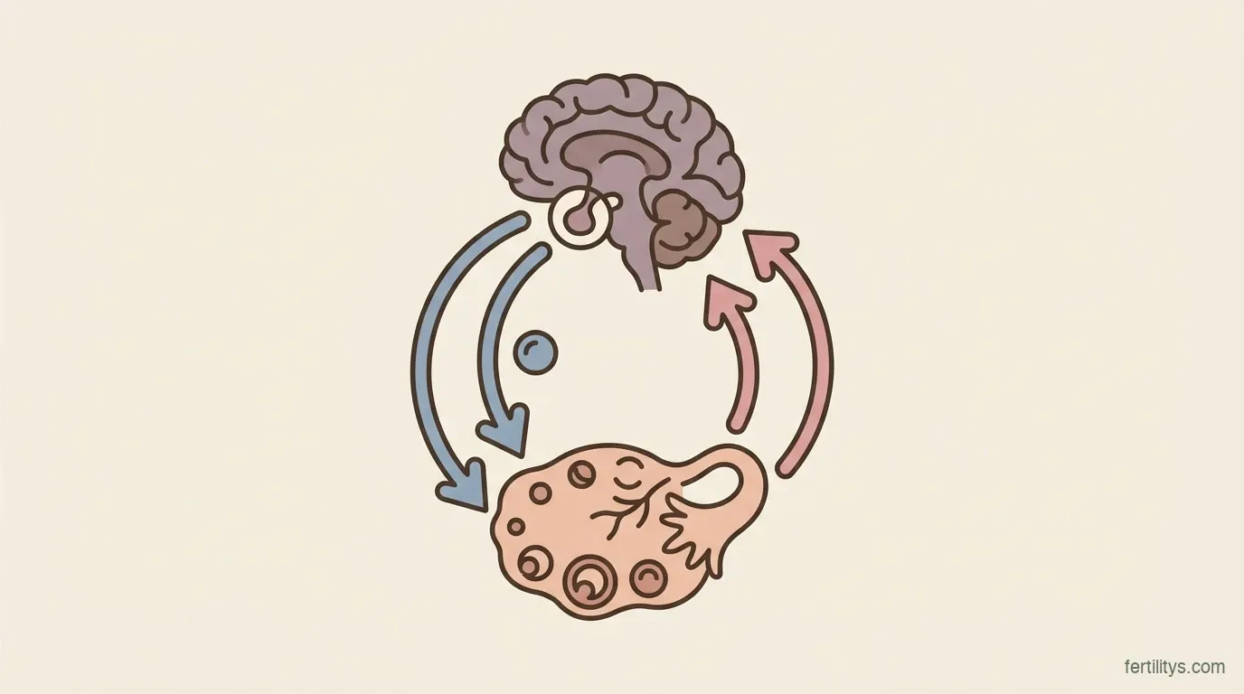 Hormonal feedback loop between pituitary gland and ovaries — showing FSH stimulation and oestrogen response