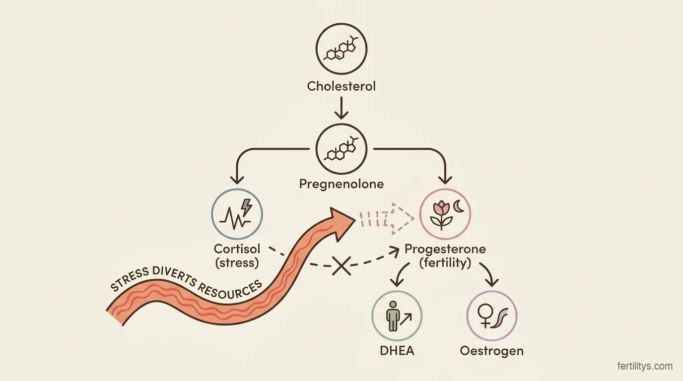 Hormone cascade diagram — showing how cholesterol becomes cortisol or progesterone depending on stress levels