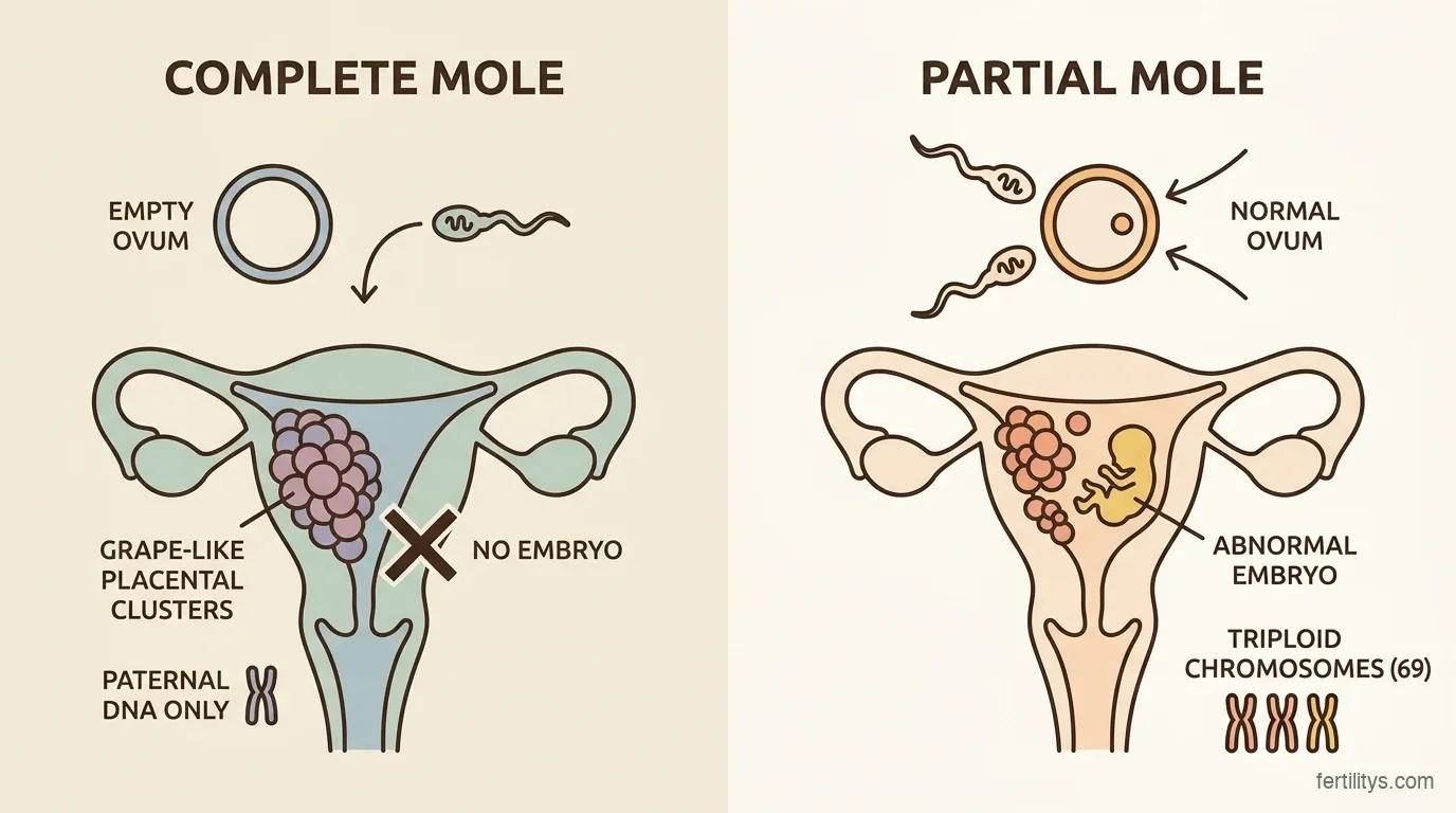 Diagram comparing complete and partial molar pregnancy — showing the genetic differences in fertilisation
