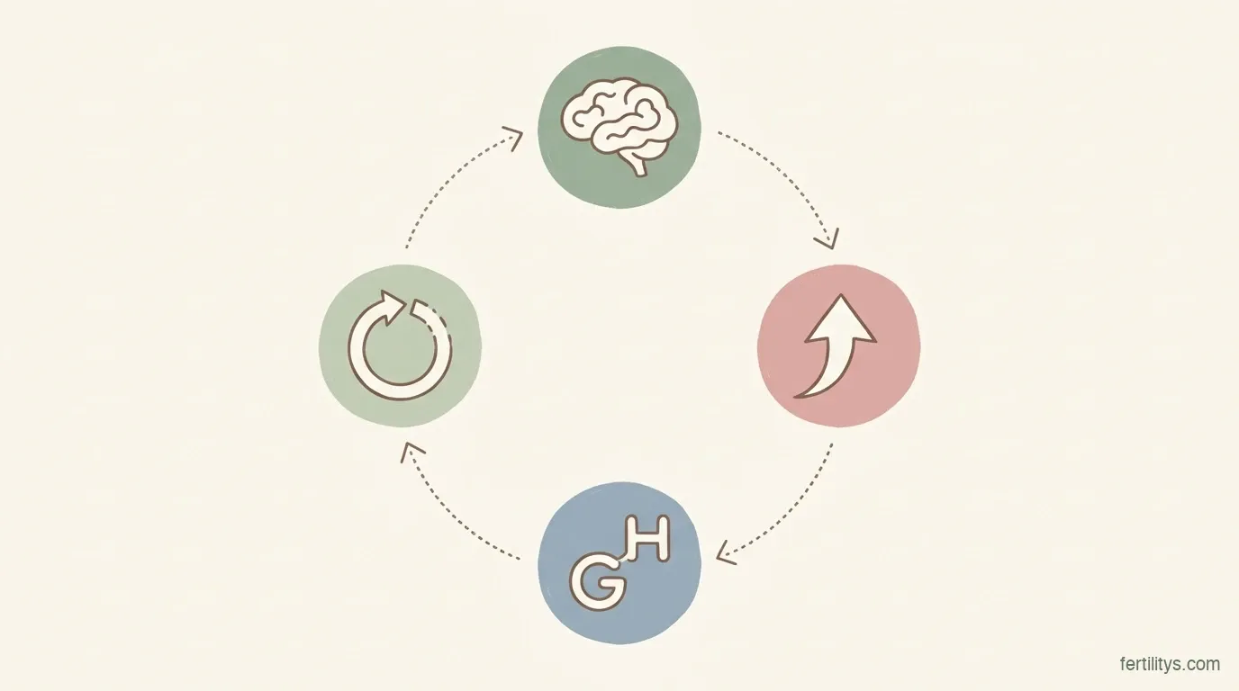 Stress-fertility feedback loop diagram showing how cortisol disrupts ovulation