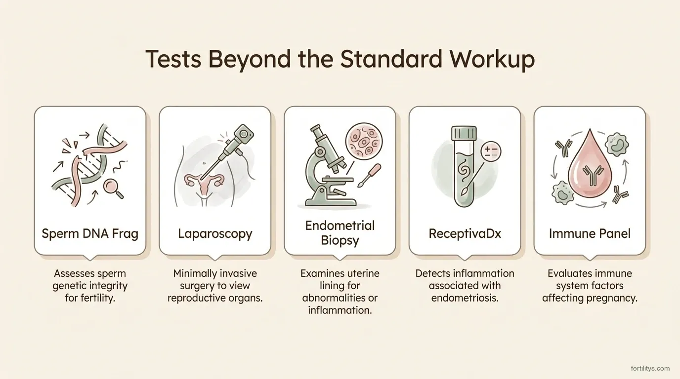 Infographic showing five additional fertility tests beyond the standard workup for unexplained infertility