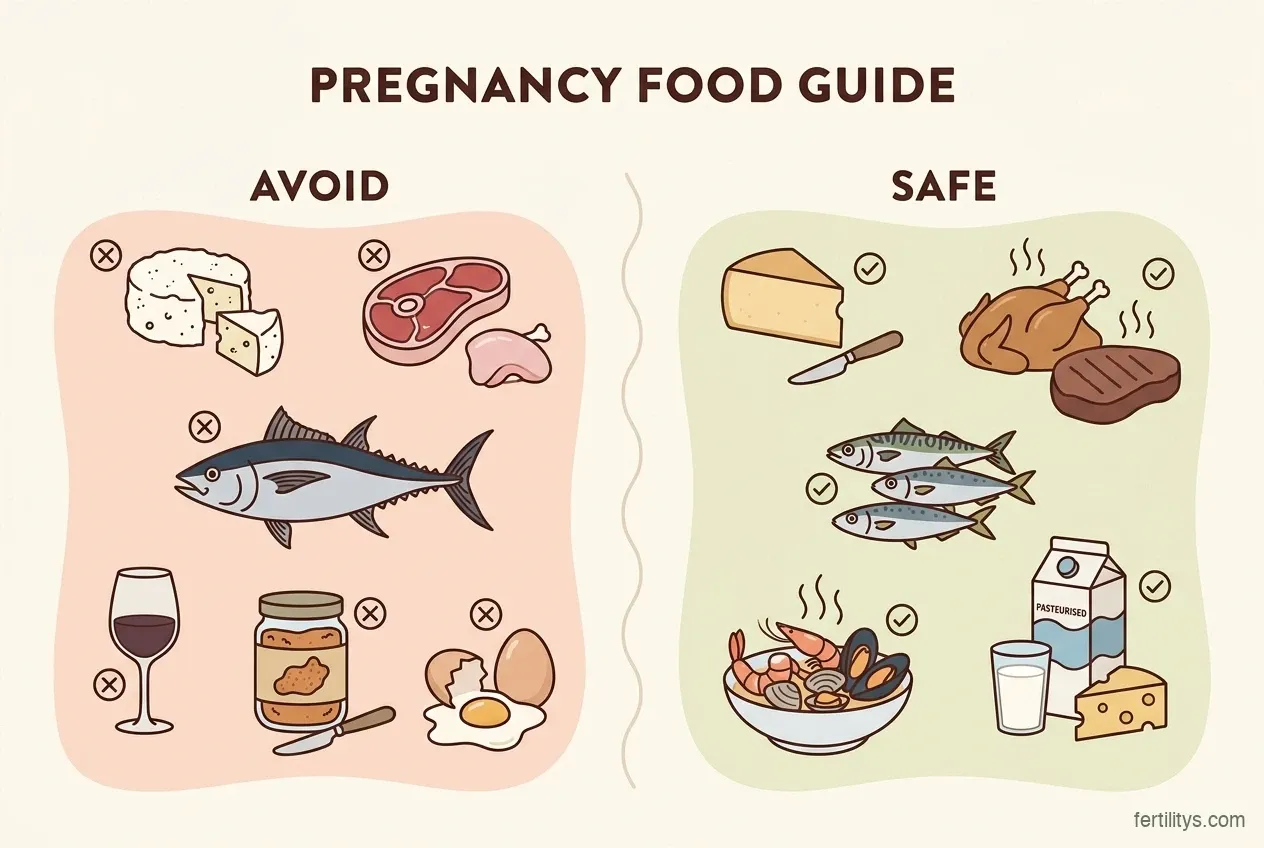 Visual guide to foods to avoid and safe foods during pregnancy — red and green zones