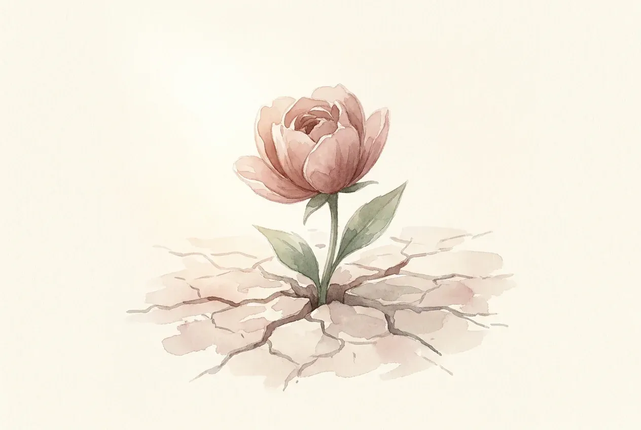 A single flower growing through cracked ground, symbolising hope after pregnancy loss
