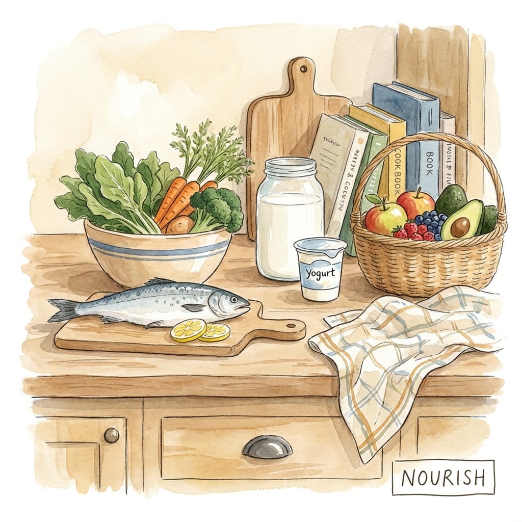 Watercolour illustration of pregnancy-safe foods on a kitchen counter