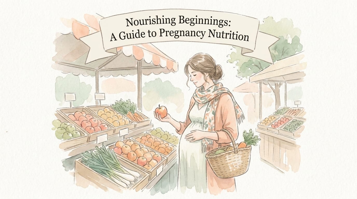 Watercolour illustration of a pregnant woman choosing foods at a market