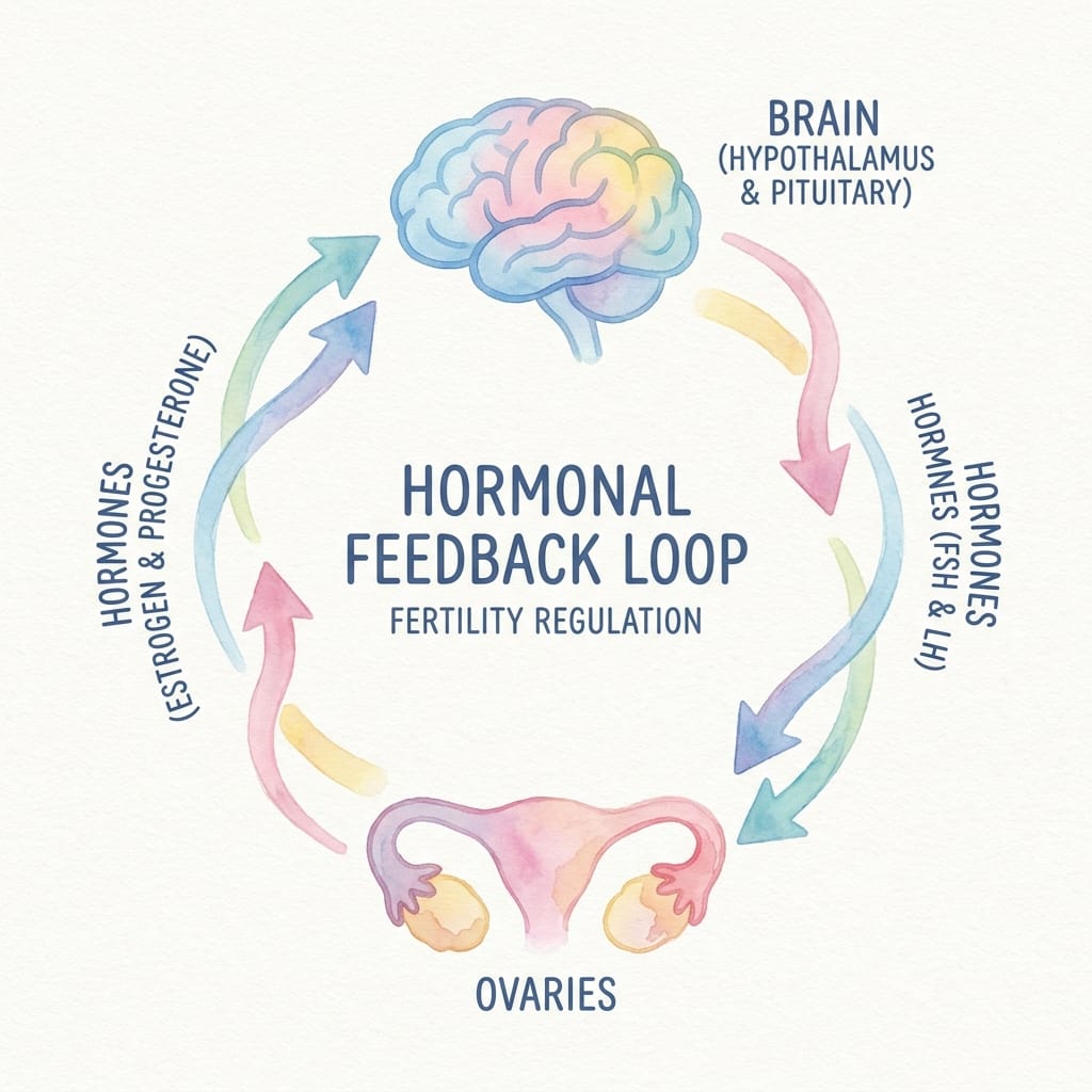 Watercolour infographic of the hormone feedback loop between brain and ovaries