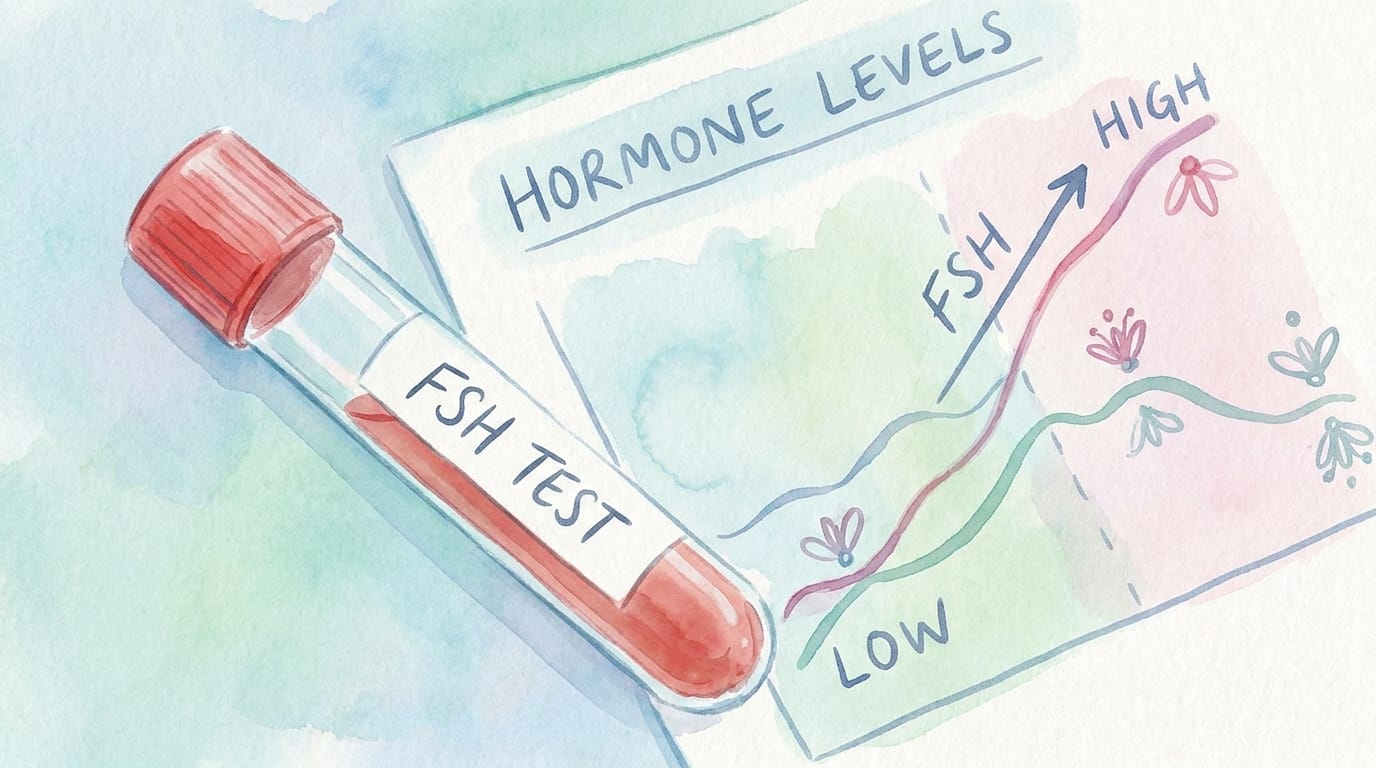 Watercolour illustration of a blood test for FSH levels