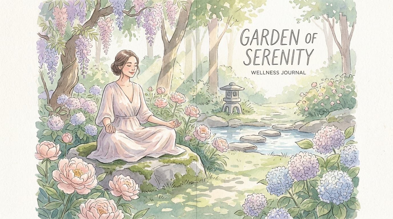 Watercolour illustration of a woman meditating peacefully in a garden
