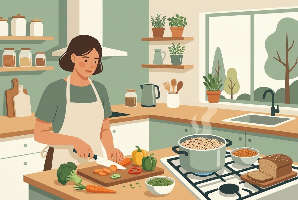 Woman preparing a healthy low-GI meal for PCOS management
