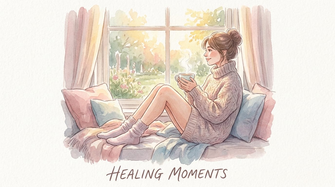 Watercolour illustration of a woman sitting in a cozy window seat with tea, comforting atmosphere
